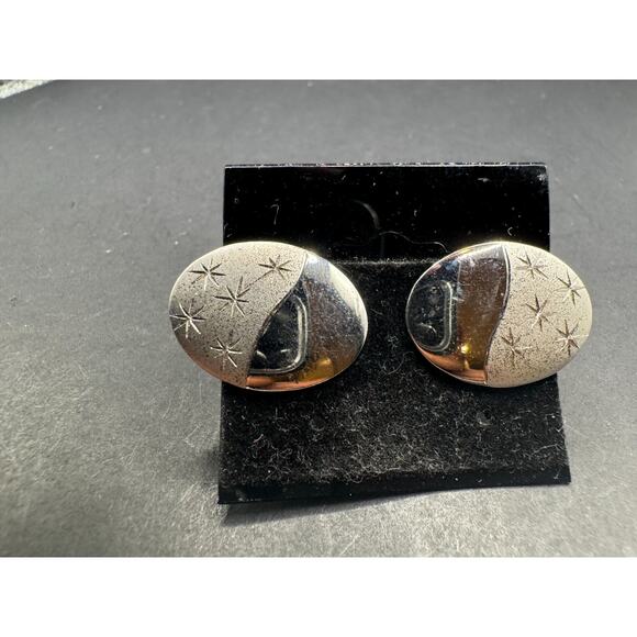 Vintage Signed 925 Sterling Silver Art Deco Etched Star Oval Cufflinks NOS